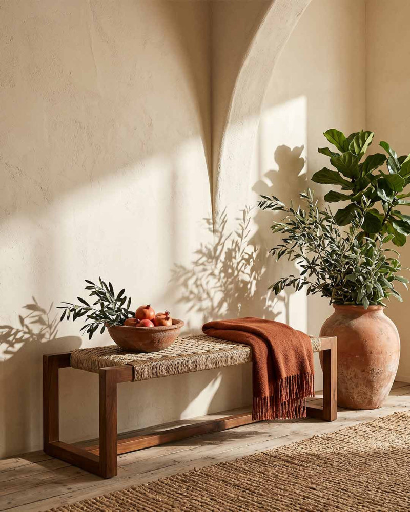Vista decorada 2 Banco natural madera teca salón RIVELLO