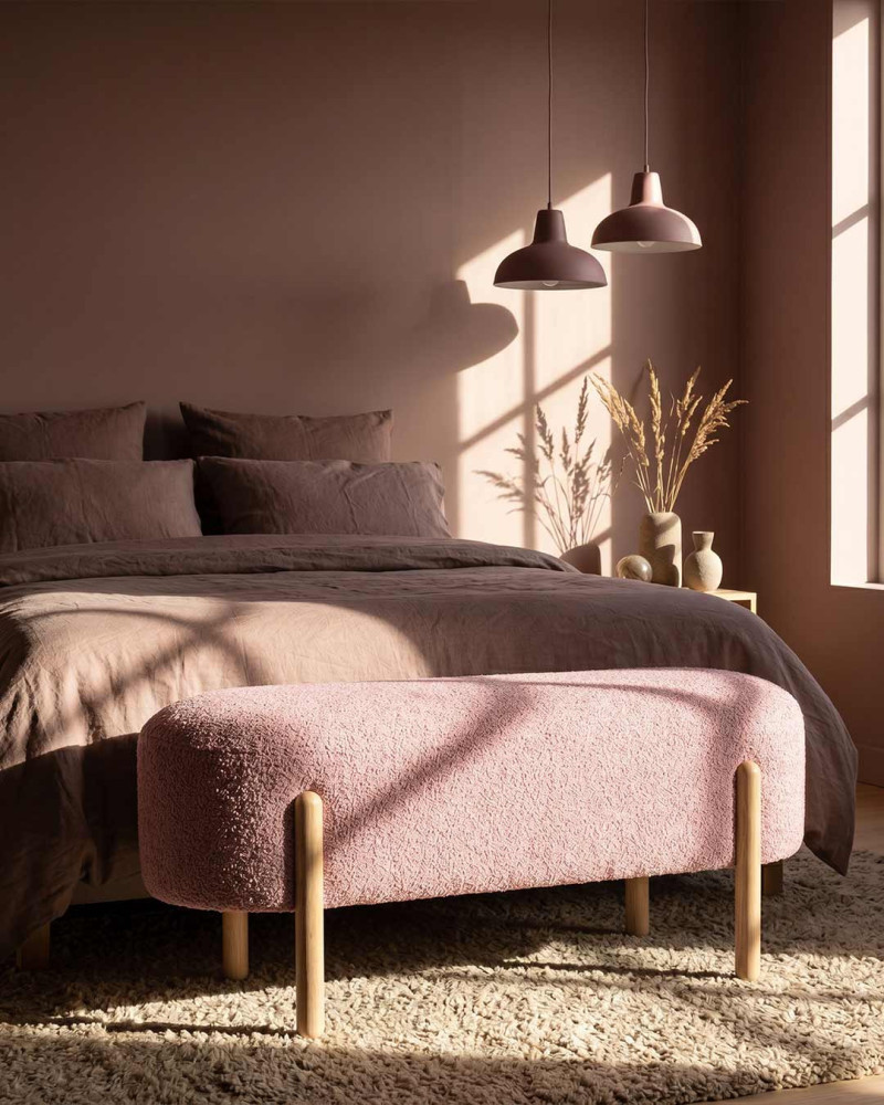 Vista decorada Banco tapizado bouclé VINCARO color rosa