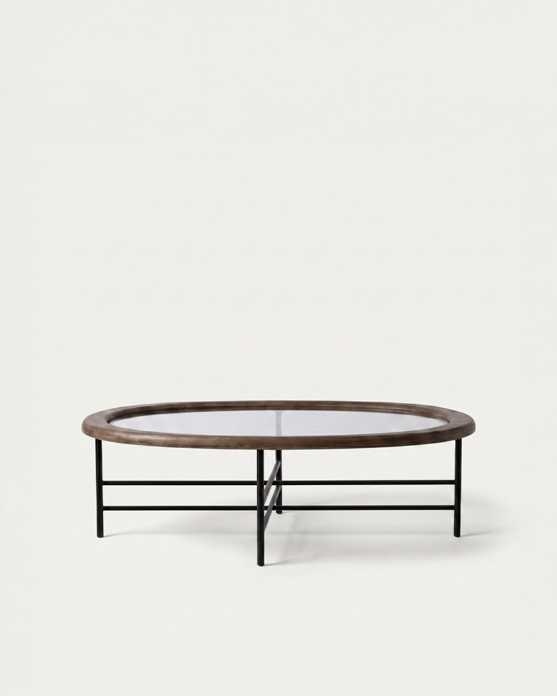 Mesa de centro tapa cristal y madera NODO-frente
