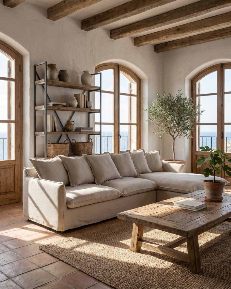Sofá chaiselonge beige RIVANO decorada