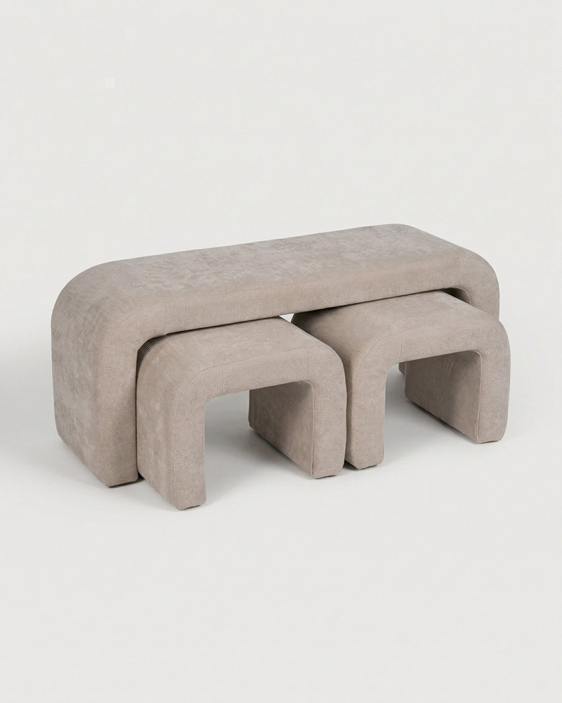 Vista perspectiva Banco set 3 piezas tejido beige VIGAR
