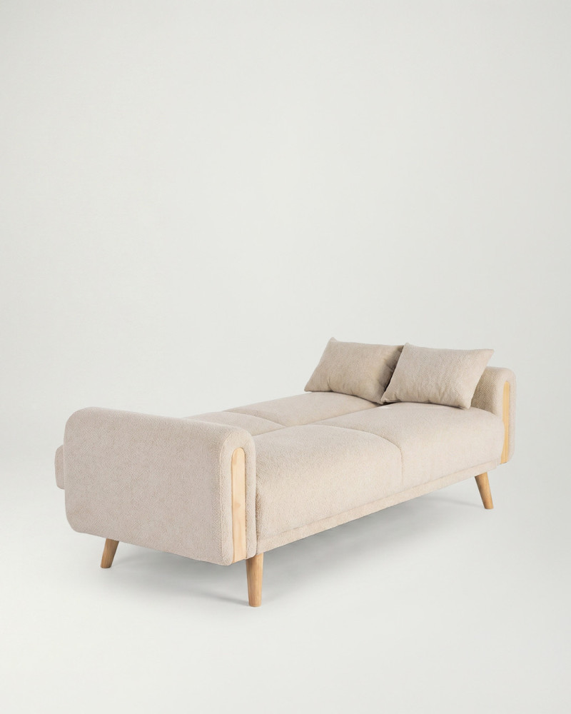 Sofá Cama Nórdico Beige con Detalles en Madera | Muebles Rey