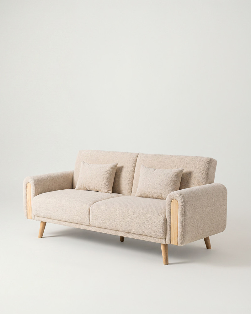 Sofá Cama Nórdico Beige con Detalles en Madera | Muebles Rey