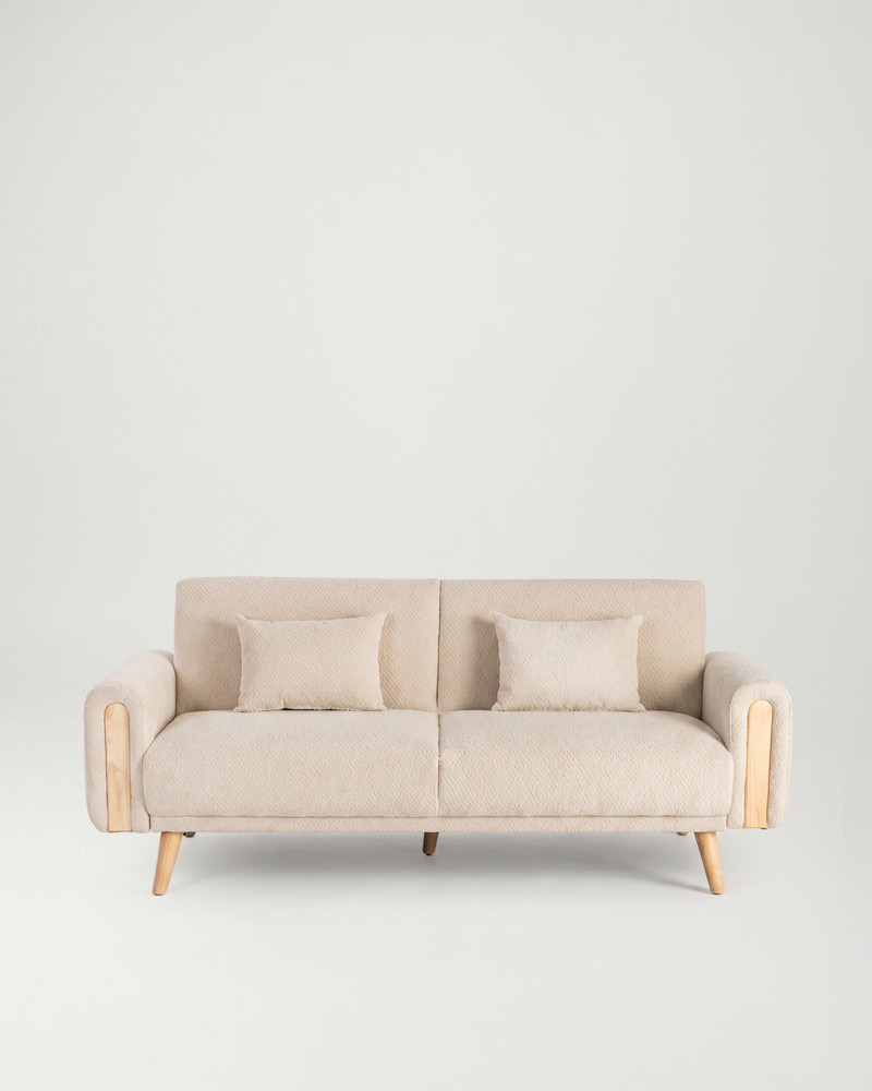 Sofá Cama Nórdico Beige con Detalles en Madera | Muebles Rey