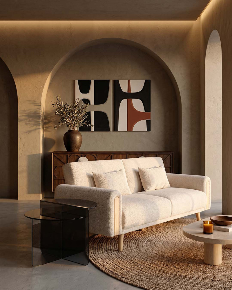 Sofá Cama Nórdico Beige con Detalles en Madera | Muebles Rey