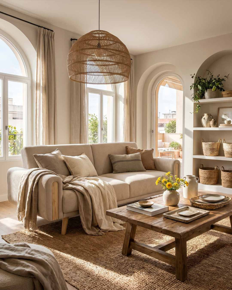 Sofá Cama Nórdico Beige con Detalles en Madera | Muebles Rey