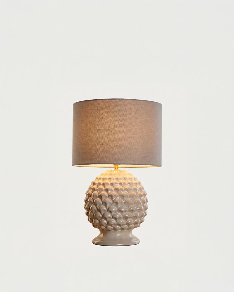 Lámpara mesa gres piña blanco NIRVA vista frontal iluminada