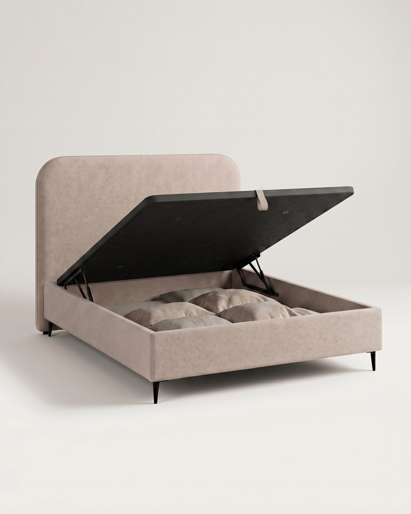 Cama tapizada elegante SAVEN vista 3/4 canape abierto beige