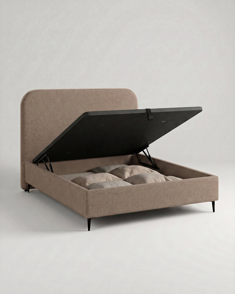 Cama tapizada elegante SAVEN vista 3/4 canape abierto piedra