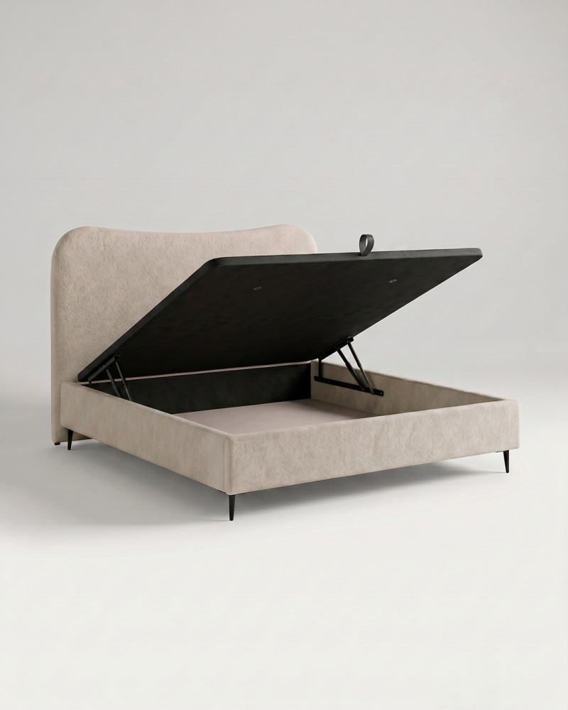 Cama tapizada con canapé con patas ORENZA vista 3/4 abierto el canape
