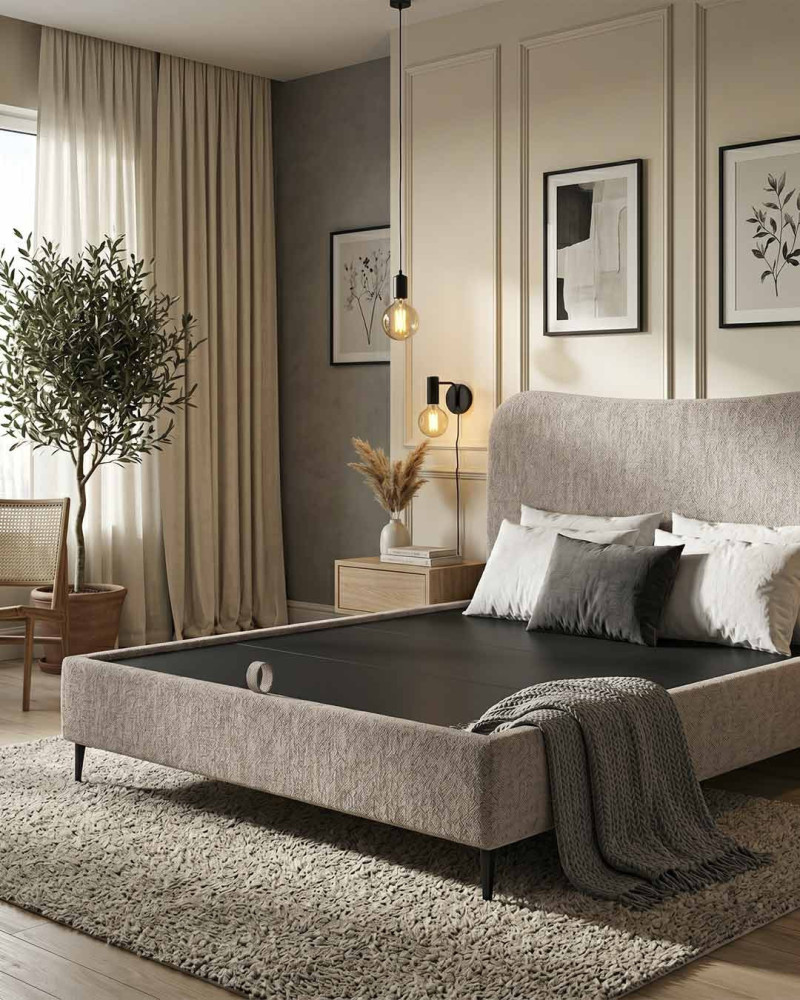 Cama tapizada con canapé con patas ORENZA vista decorada raisa2