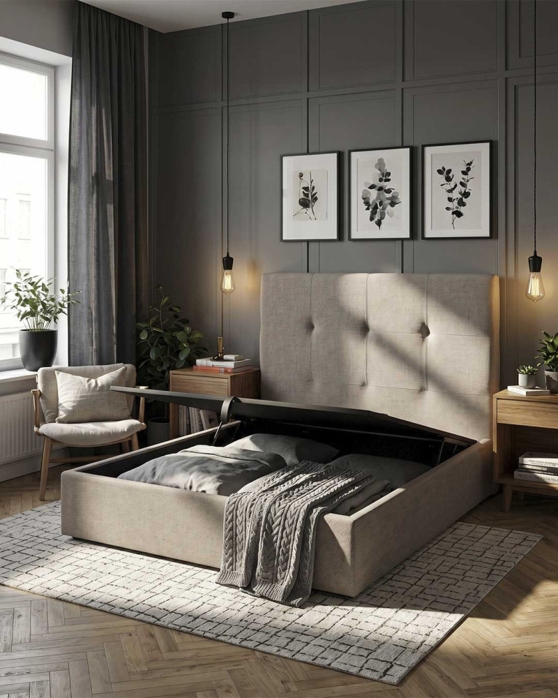 Cama tapizada NILVA vista decorada piedra