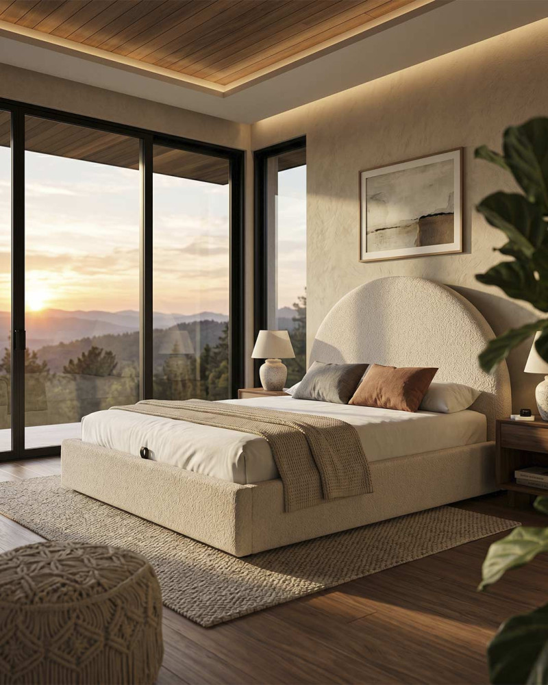 Cama tapizada diseño exclusivo LUREKA vista decorada 3/4 rema