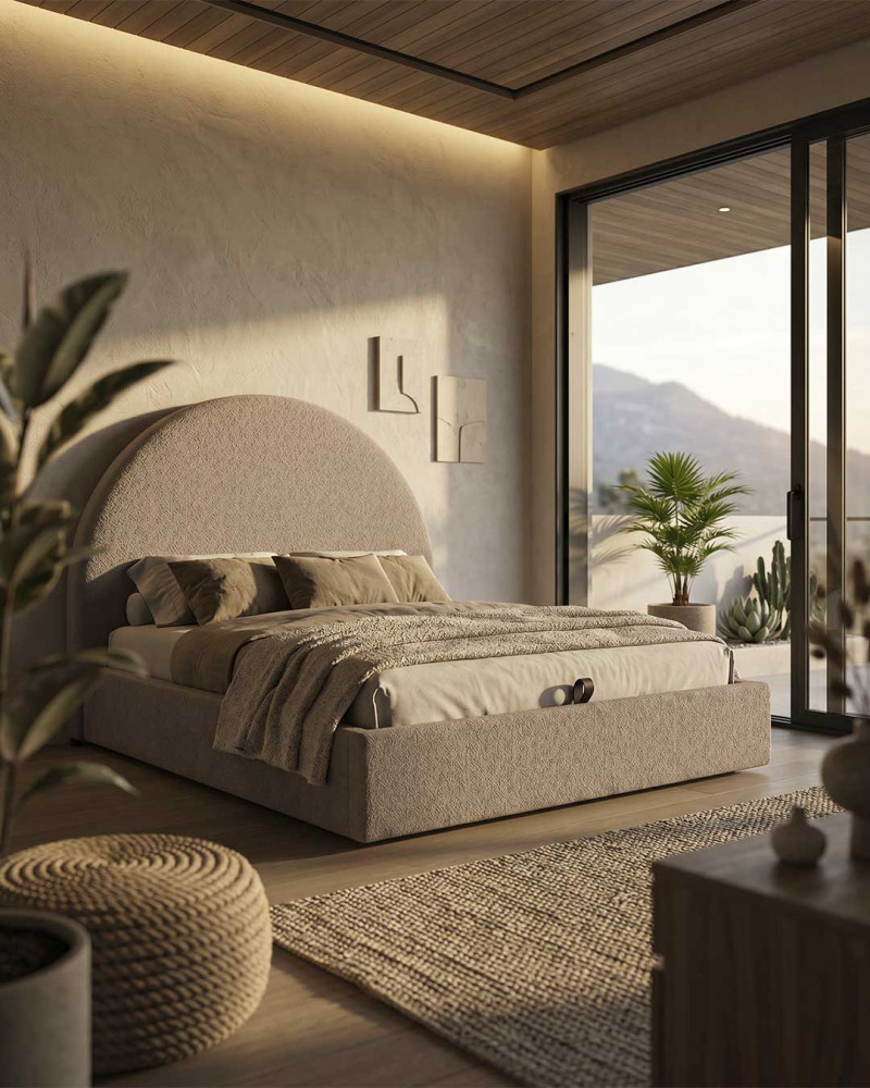 Cama tapizada diseño exclusivo LUREKA vista decorada 3/4 raisa2