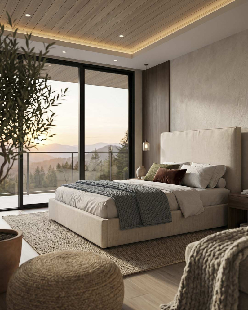 Cama tapizada con canapé VENARO vista decorada 3/4