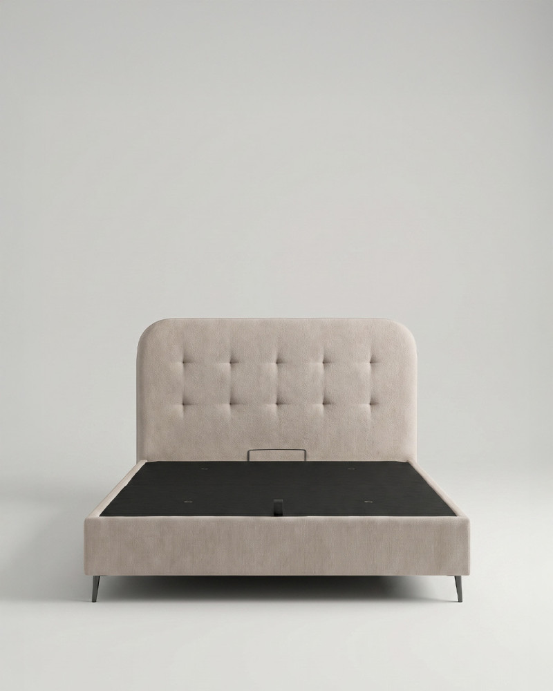 Cama tapizada con canapé con patas OLVIA vista frontal beige