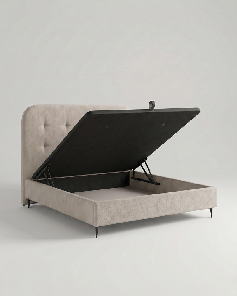 Cama tapizada con canapé con patas OLVIA vista 3/4 canape abierto beige