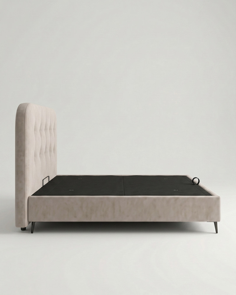 Cama tapizada con canapé con patas OLVIA vista lateral beige