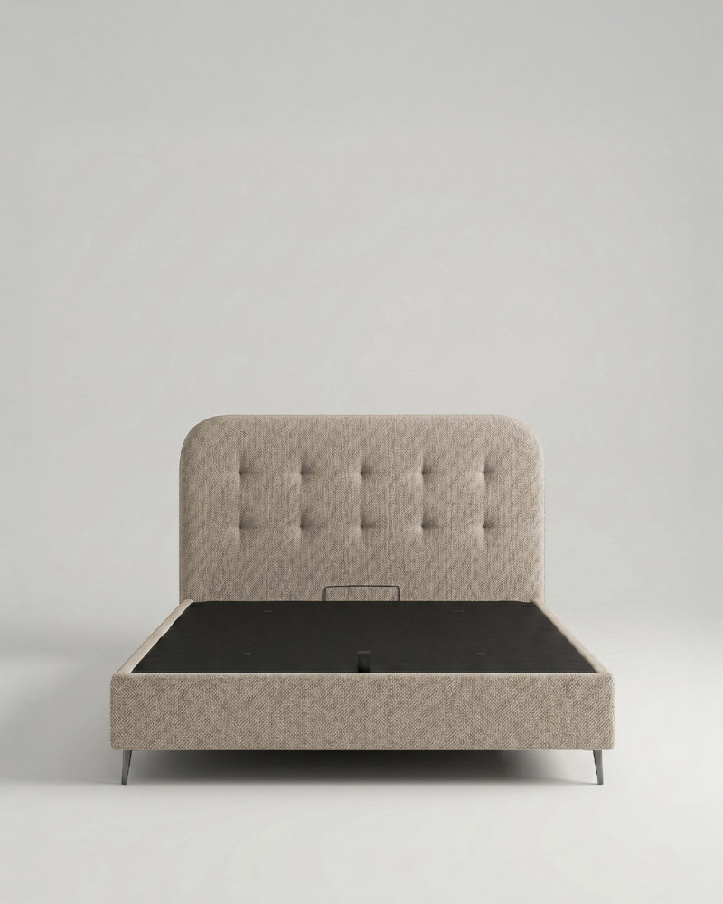 Cama tapizada con canapé con patas OLVIA vista frontal piedra