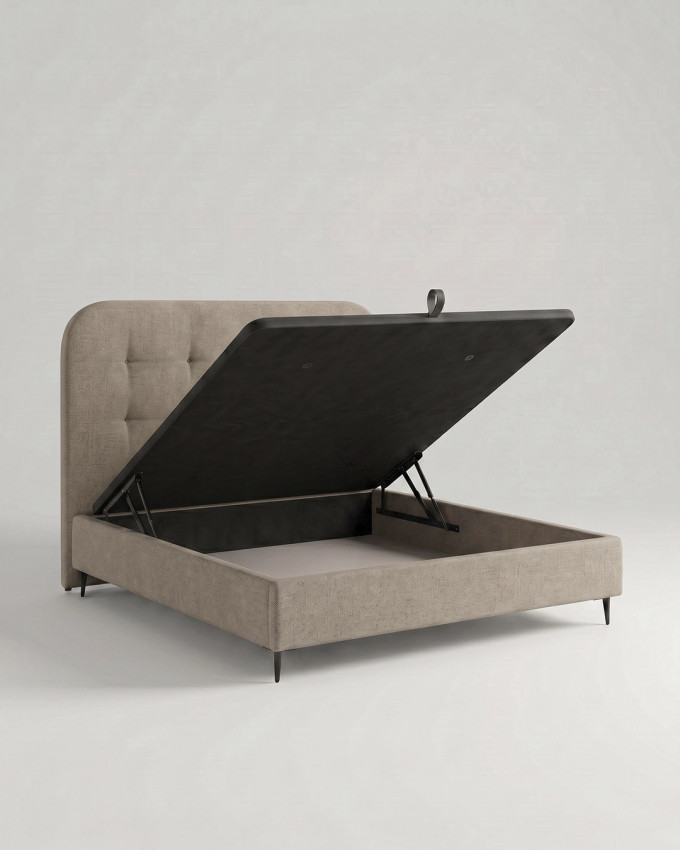 Cama tapizada con canapé con patas OLVIA vista 3/4 canape abierto piedra