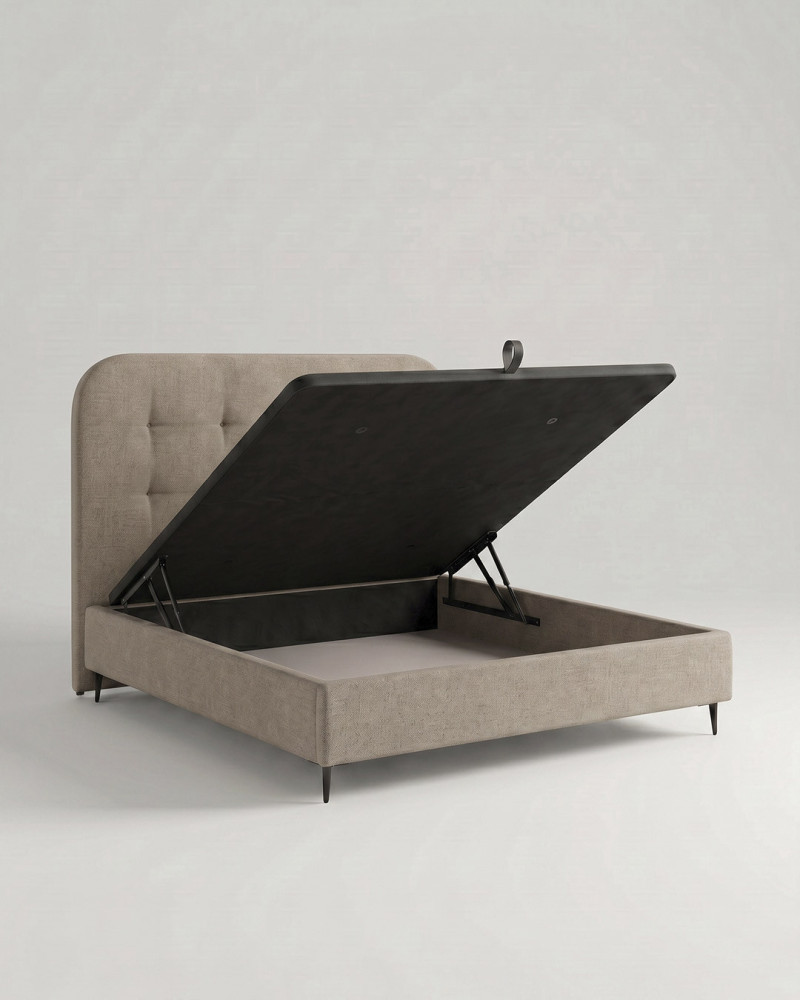 Cama tapizada con canapé con patas OLVIA vista 3/4 canape abierto piedra