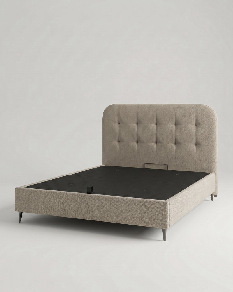 Cama tapizada con canapé con patas OLVIA vista 3/4 piedra