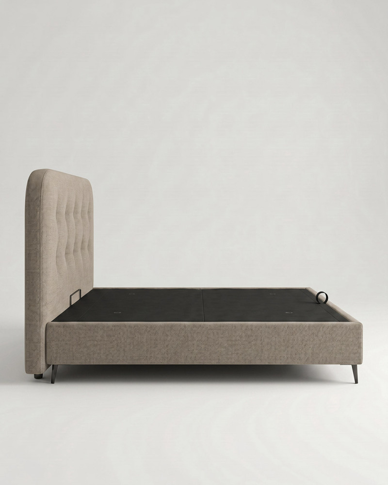 Cama tapizada con canapé con patas OLVIA vista lateral piedra