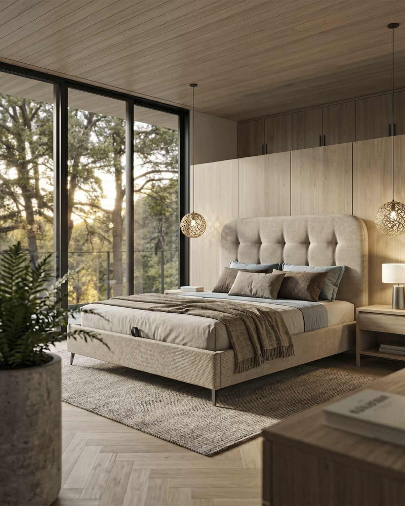 Cama tapizada con canapé con patas OLVIA vista 3/4 decorada piedra