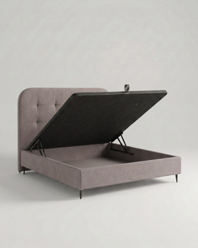 Cama tapizada con canapé con patas OLVIA vista 3/4 canape abierto hamster