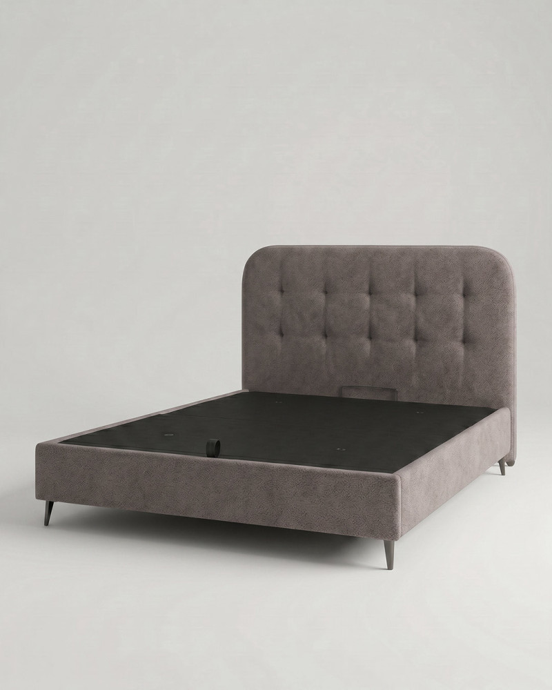 Cama tapizada con canapé con patas OLVIA vista 3/4 piedra