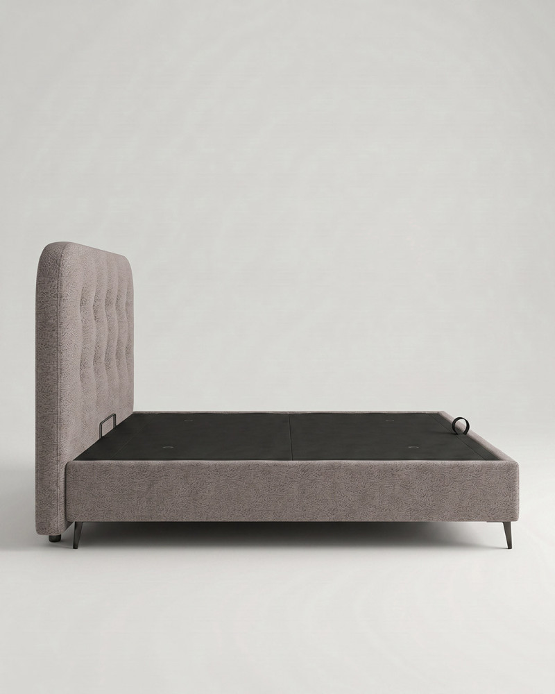 Cama tapizada con canapé con patas OLVIA vista lateral piedra