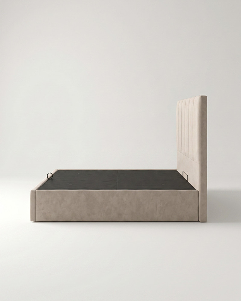 Cama tapizada con canapé abatible TAREN vista lateral crema