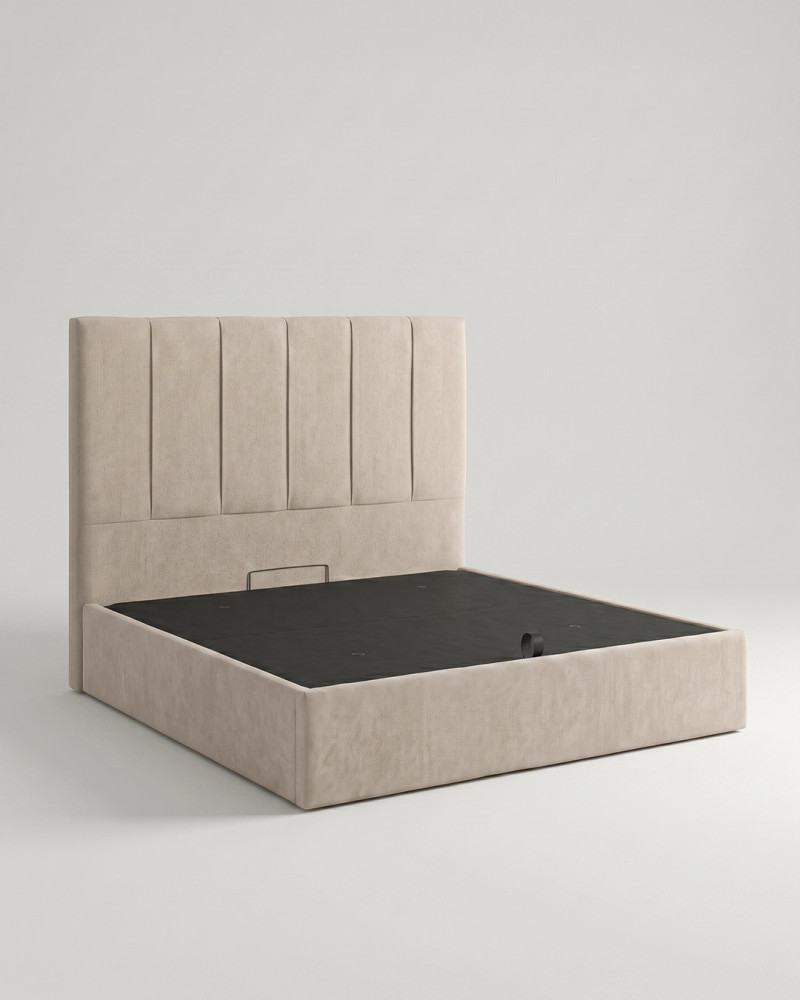 Cama tapizada con canapé abatible TAREN vista 3/4 crema