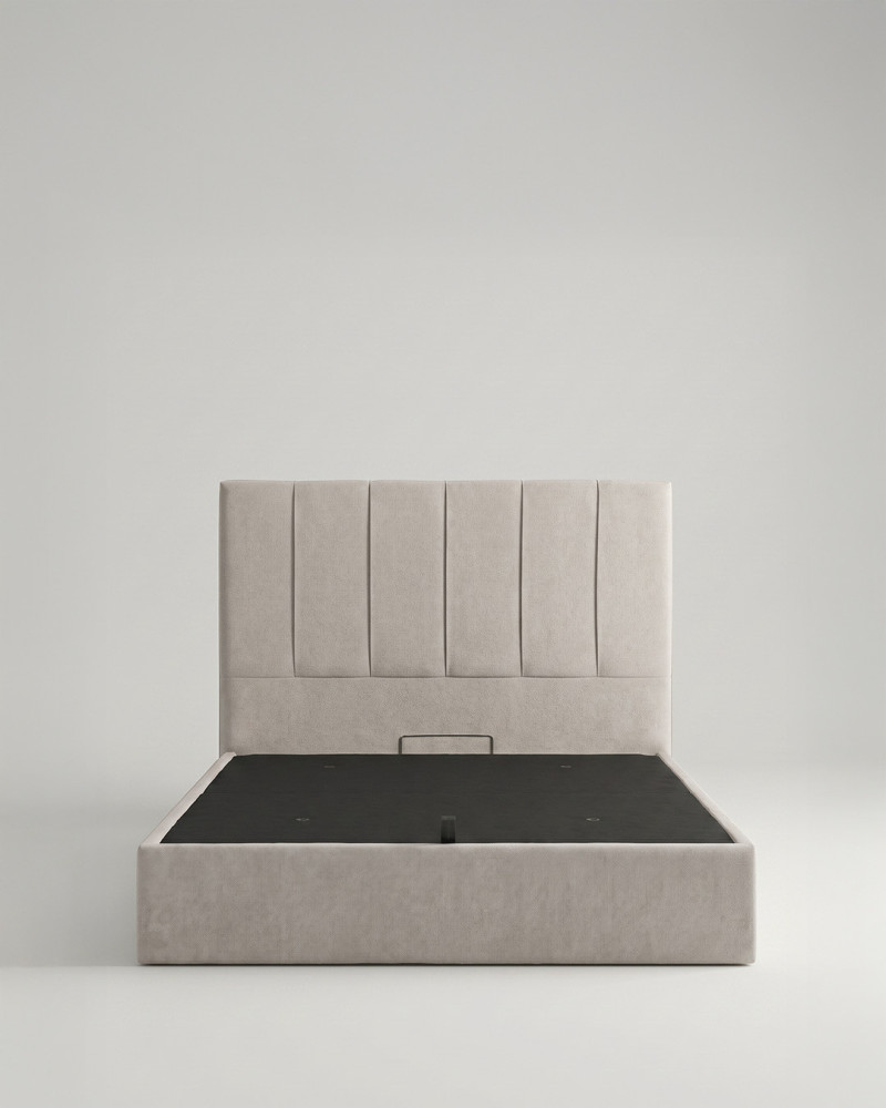 Cama tapizada con canapé abatible TAREN vista frontal gris