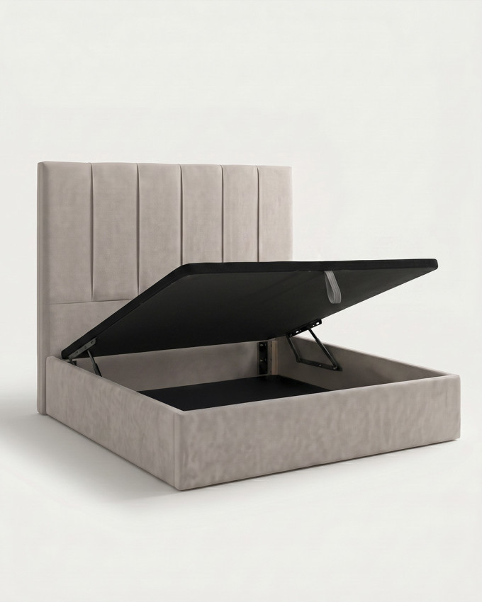 Cama tapizada con canapé abatible TAREN vista 3/4 canape abierto gris