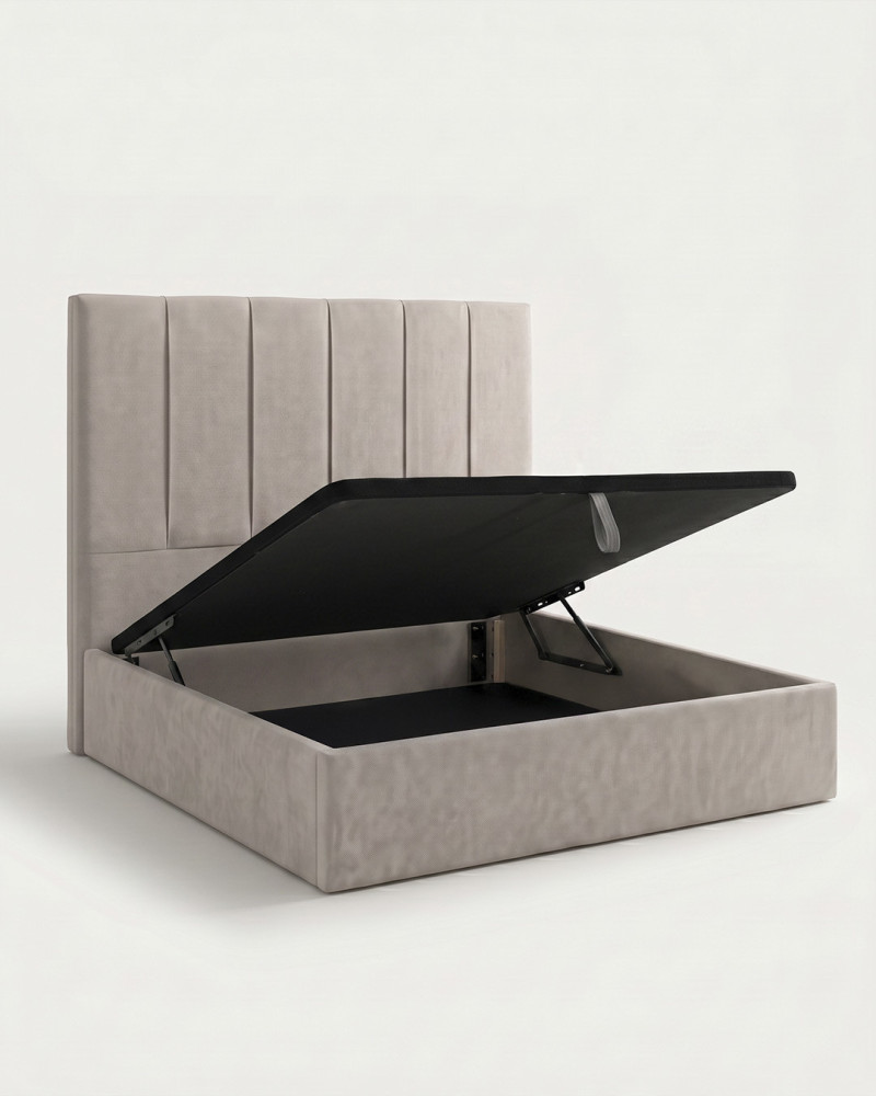Cama tapizada con canapé abatible TAREN vista 3/4 canape abierto gris
