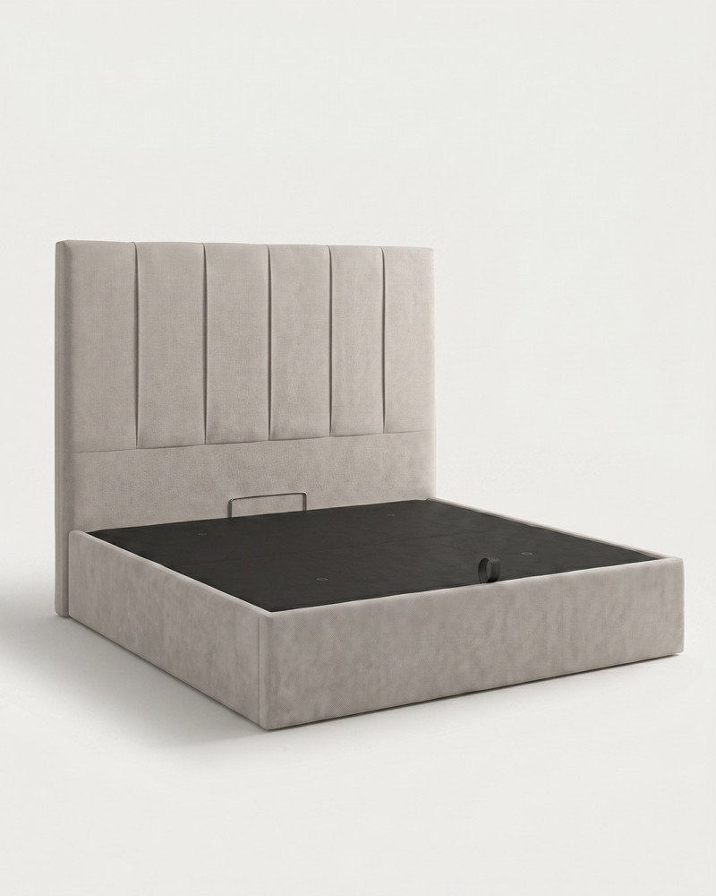 Cama tapizada con canapé abatible TAREN vista 3/4 gris