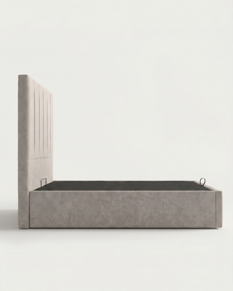 Cama tapizada con canapé abatible TAREN vista lateral gris