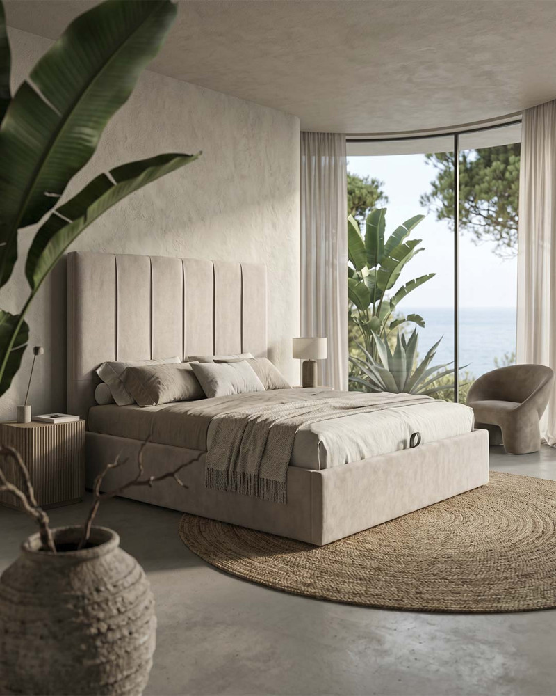 Cama tapizada con canapé abatible TAREN vista 3/4 decorada gris