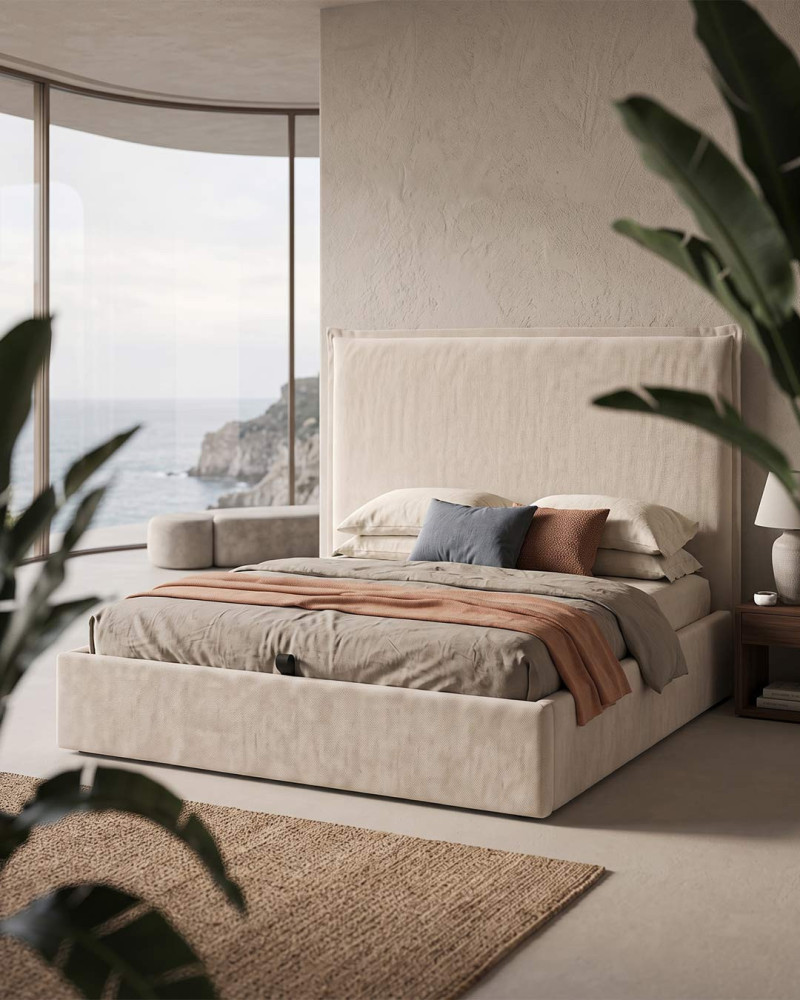 Cama tapizada KORAL vista frontal decorada