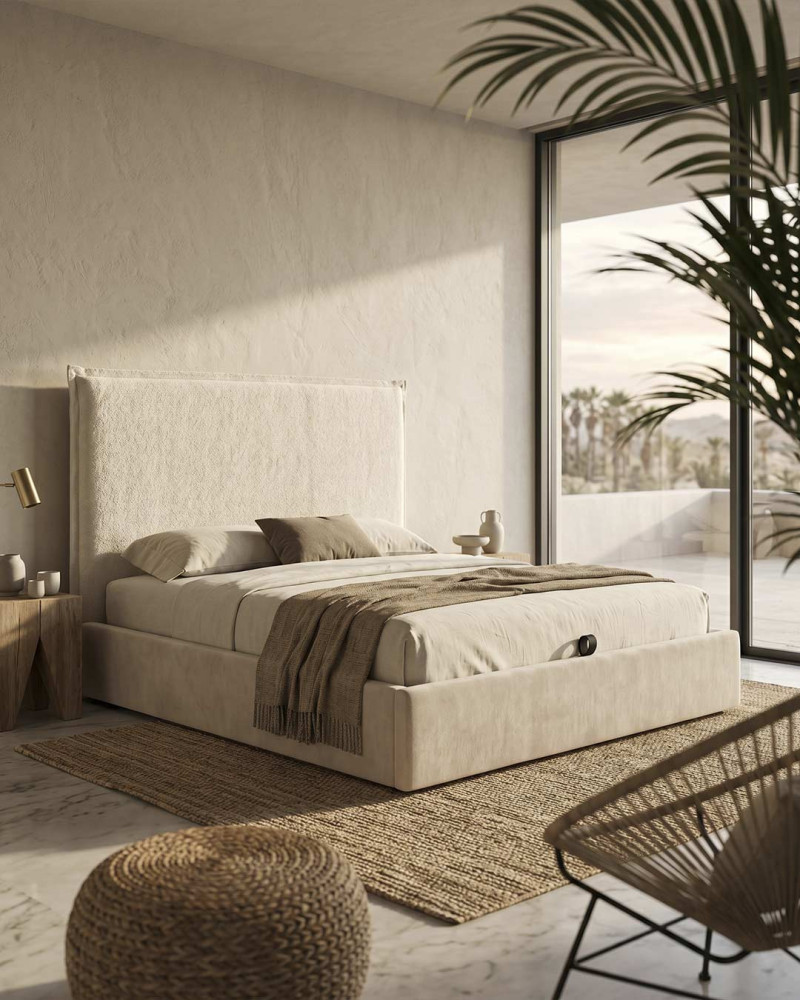 Cama tapizada KORAL vista decorada 3/4