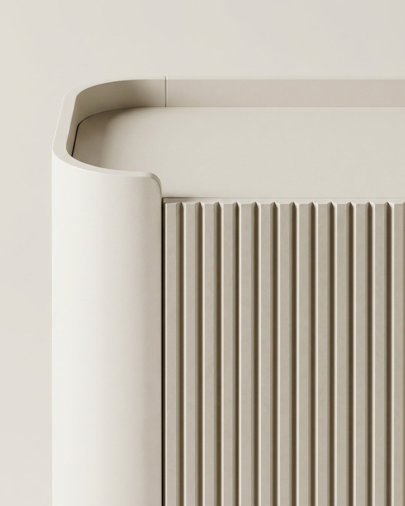Mueble auxiliar INKU beige vista e detalle de la parte superior del mueble