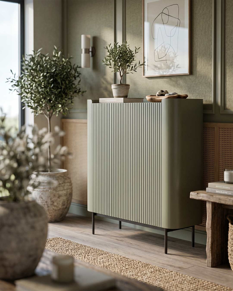 Mueble auxiliar INKU vista ambiente 3/4 verde