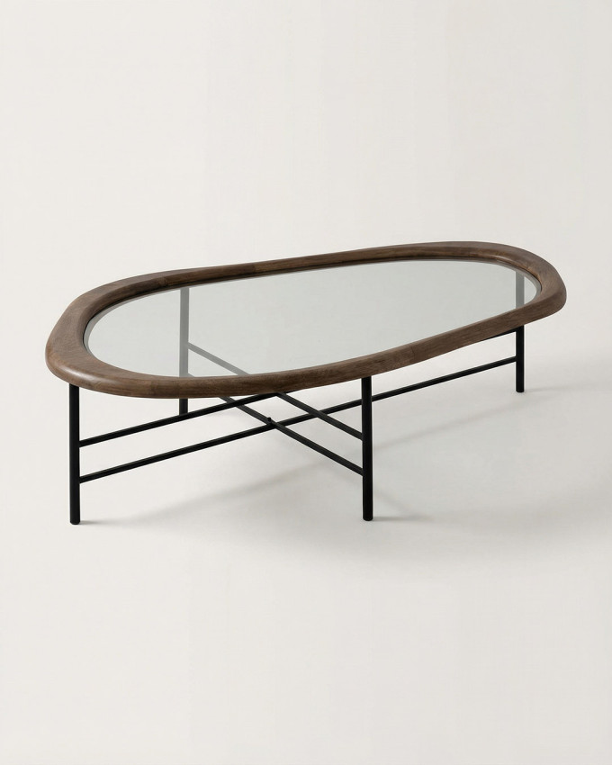 Mesa de centro tapa cristal y madera NODO