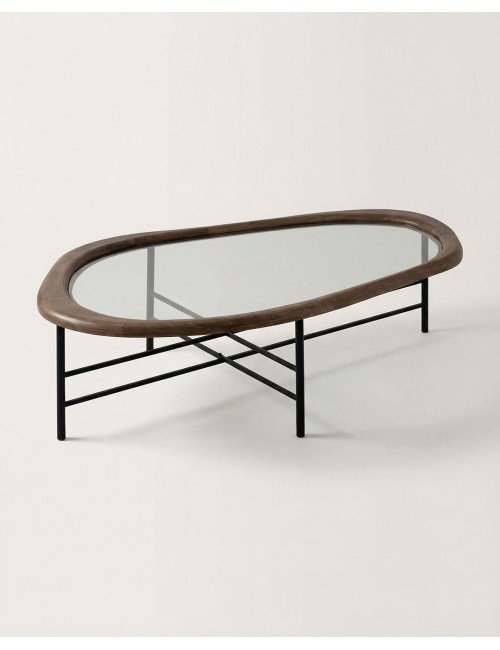 Mesa de centro tapa cristal y madera NODO-lado