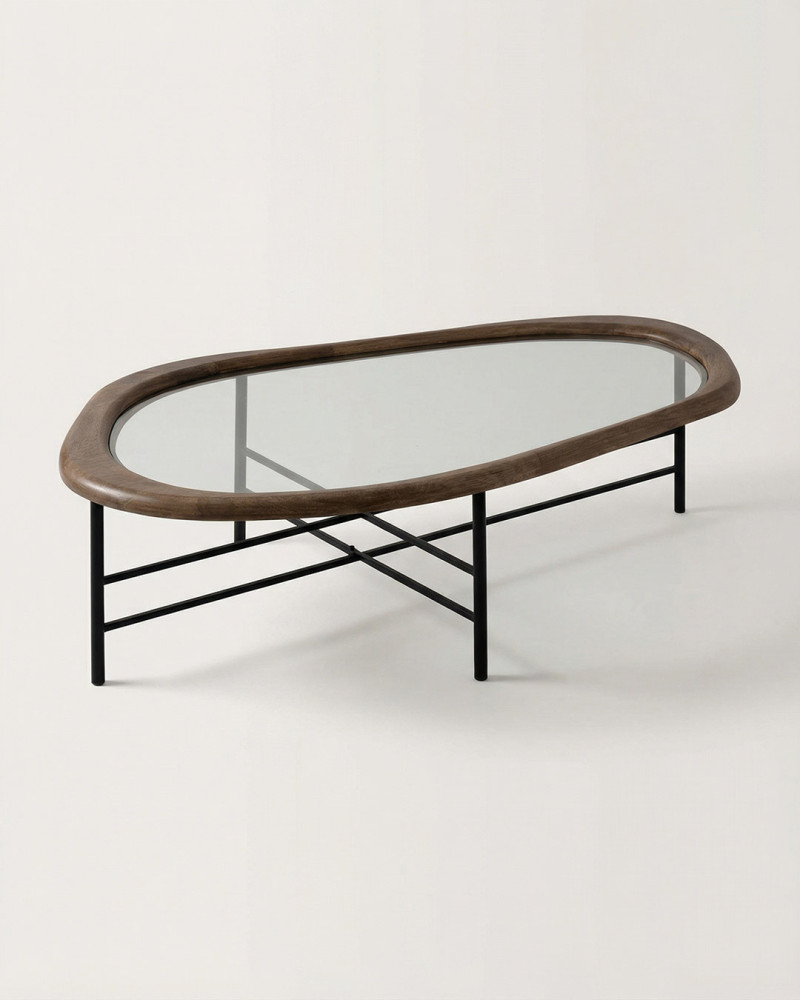 Mesa de centro tapa cristal y madera NODO-lado