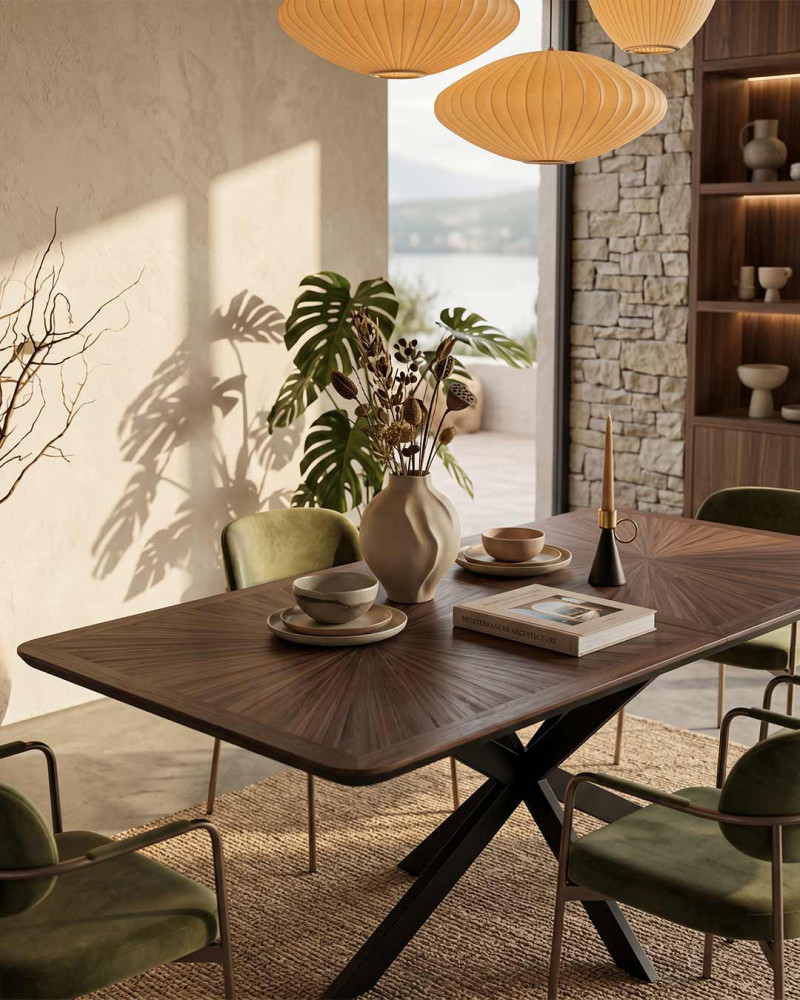 Mesa de comedor VILMA vista de la mesa decorada de cerca, detallada