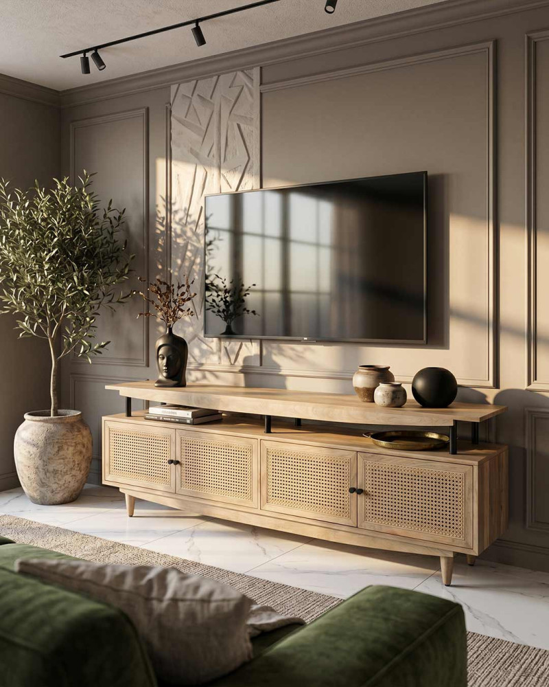 Mueble TV AMIRA vista decorada de la parte del mueble 3/4