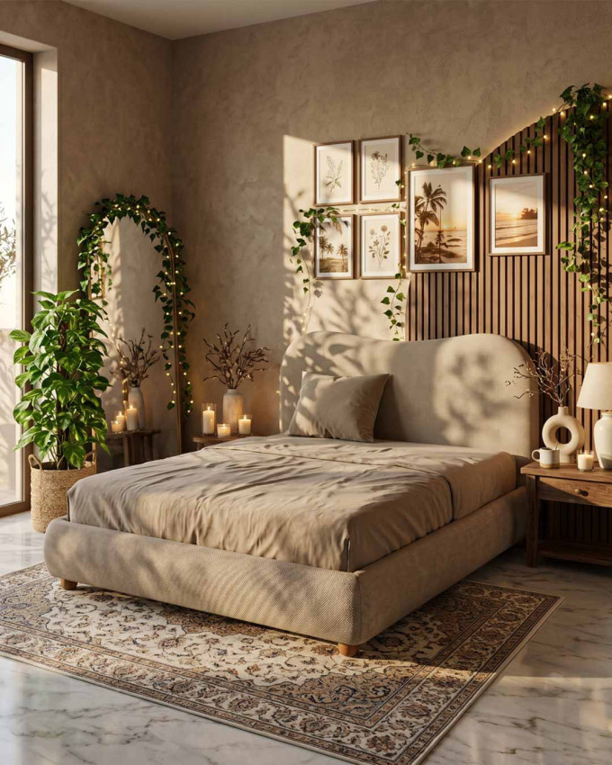 Cama tapizada en tejido beige CARVEN