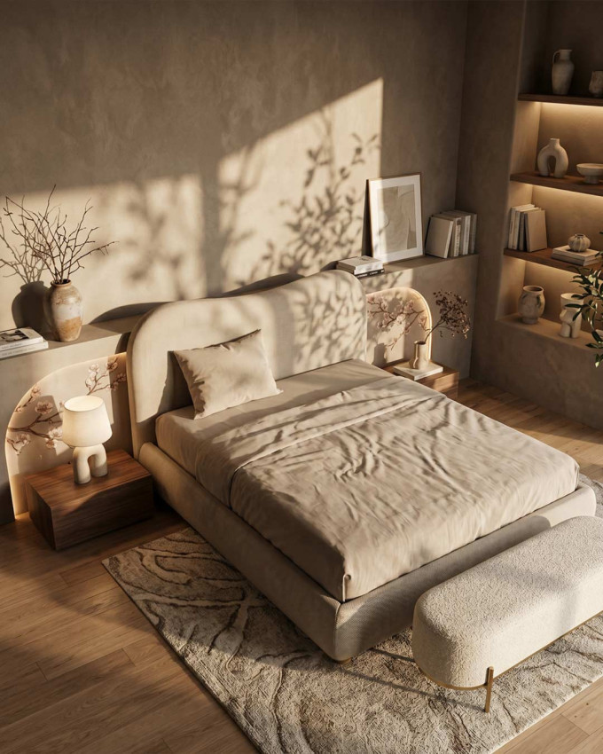 Cama tapizada en tejido beige CARVEN